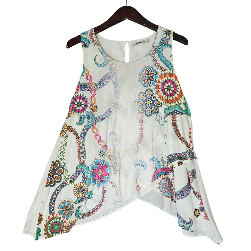 Desigual Sleeveless Top White Floral Chain Print Sleeveless Asymmetrical Hem L‎
